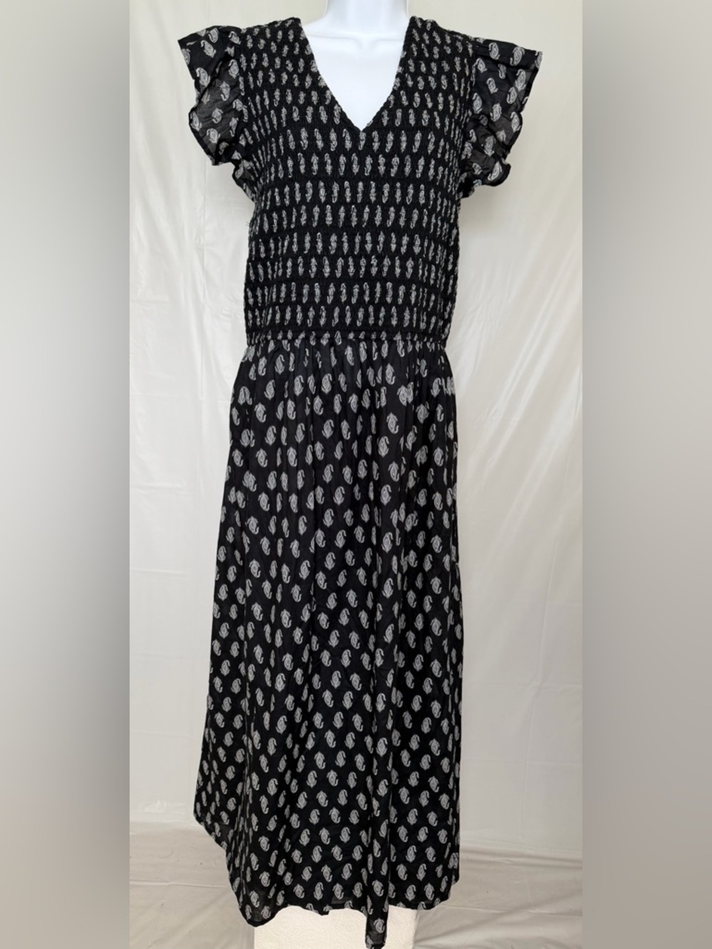 LEA Smocked Midi Dress 1X Navy Paisley Flutter Sleeve Pockets NWT